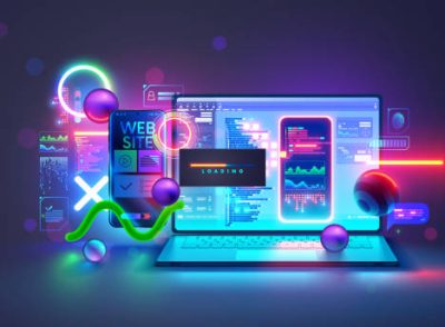 Website software development concept. Web design site and mobile app on laptop, testing on phone. Code on screen laptop, loading on smartphone from cloud storage. Computer software technology banner.
