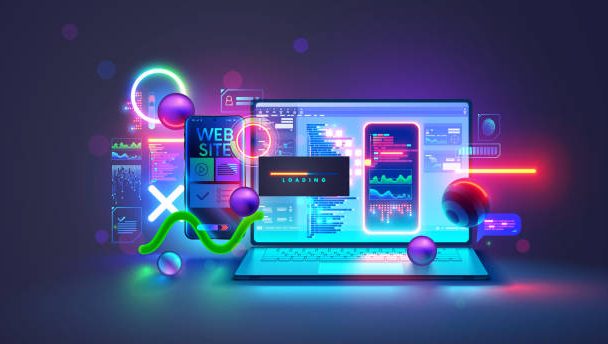 Website software development concept. Web design site and mobile app on laptop, testing on phone. Code on screen laptop, loading on smartphone from cloud storage. Computer software technology banner.